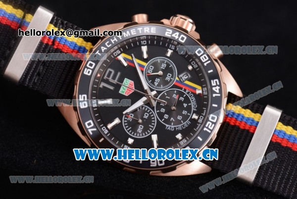 Tag Heuer Formula 1. James Hunt Miyota Quartz Rose Gold Case with Stick/Arabic Numeral Markers Black Dial and Black Nylon Strap - Click Image to Close